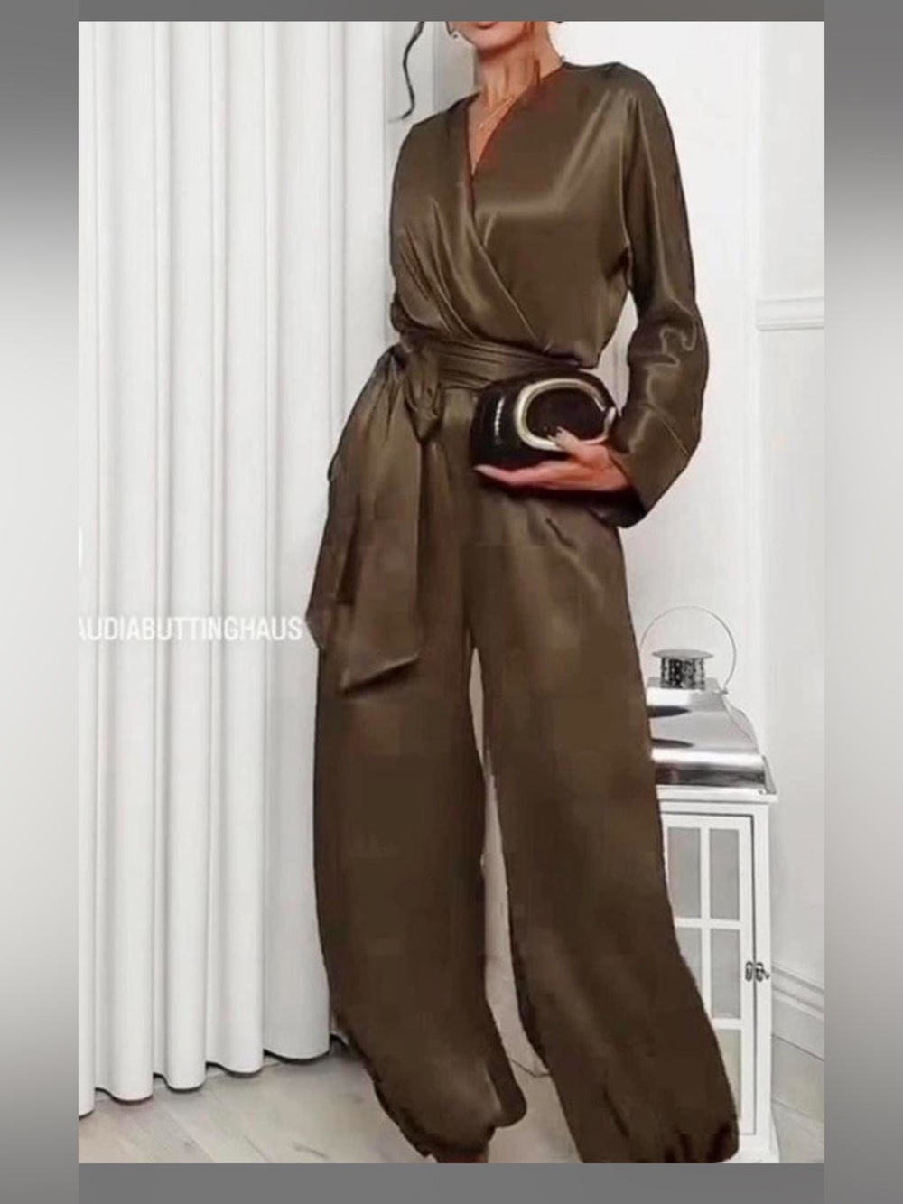 Zara Olive Green Wrap Jumpsuit with Waist Tie